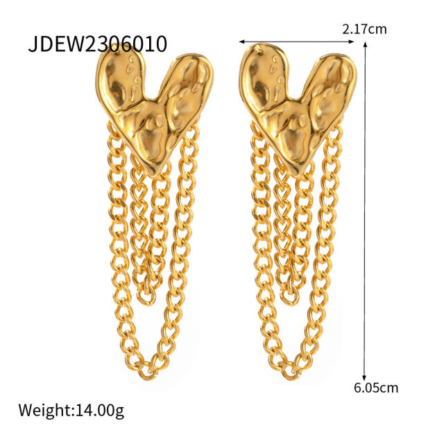 18K gold plated chunky heart chain tassel stainless steel earrings