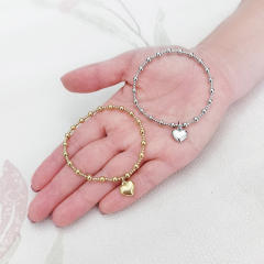 18K gold plated heart charm stainless steel bead bracelet elastic bracelet