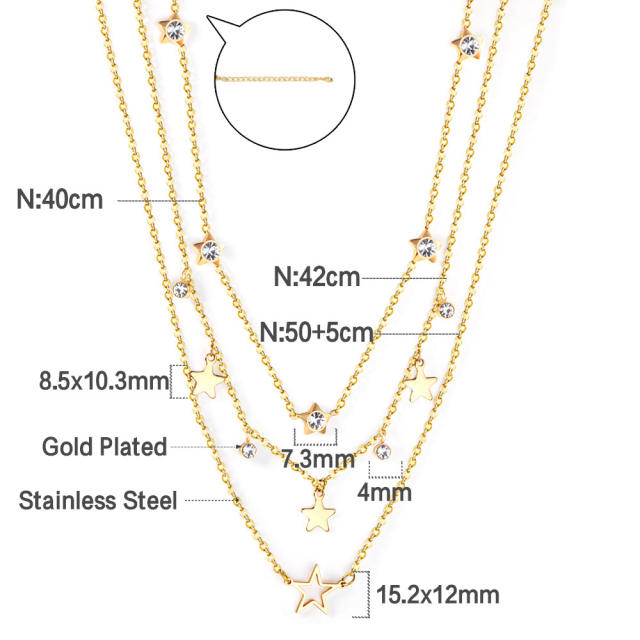 Dainty three layer diamond star stainless steel necklace