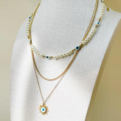 Vintage pearl bead evil eye pendant stainless steel layer necklace