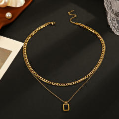 Concise black block pendant two layer stainless steel necklace
