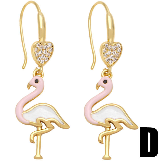 Sweet enamel rainbow flamingo gold plated copper earrings