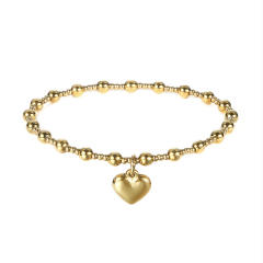 18K gold plated heart charm stainless steel bead bracelet elastic bracelet