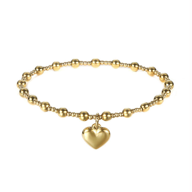 18K gold plated heart charm stainless steel bead bracelet elastic bracelet