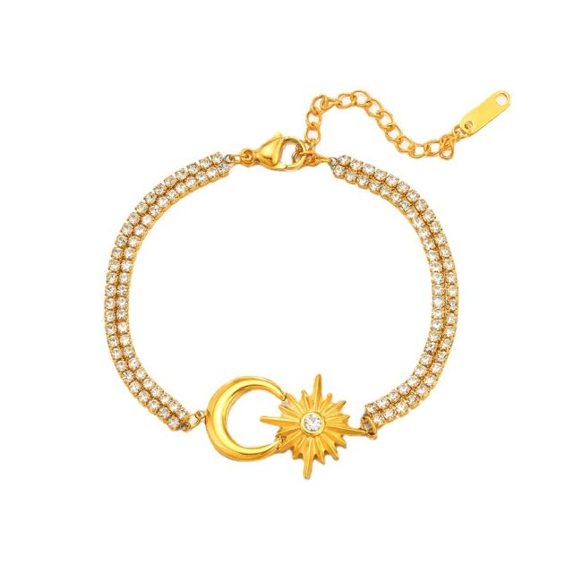 14K gold plated moon star tennis chain stainless steel bracelet