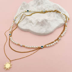 Vintage pearl bead evil eye pendant stainless steel layer necklace