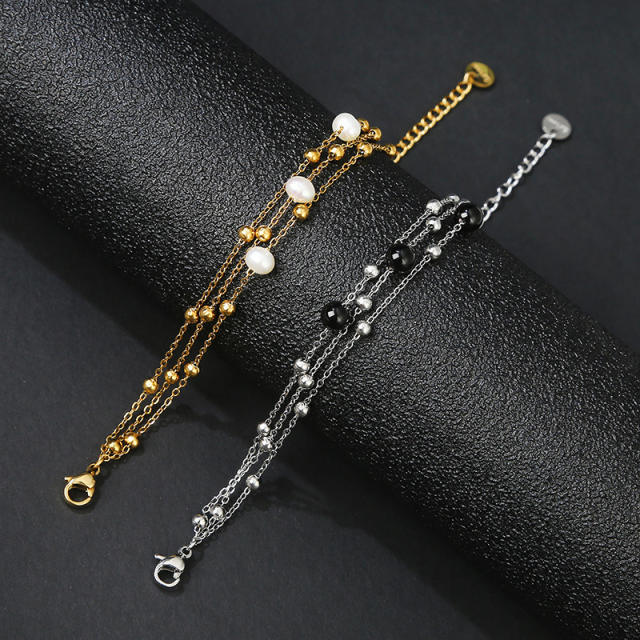 18K delicate water pearl black agate bead stainless steel bracelet