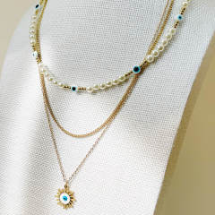 Vintage pearl bead evil eye pendant stainless steel layer necklace