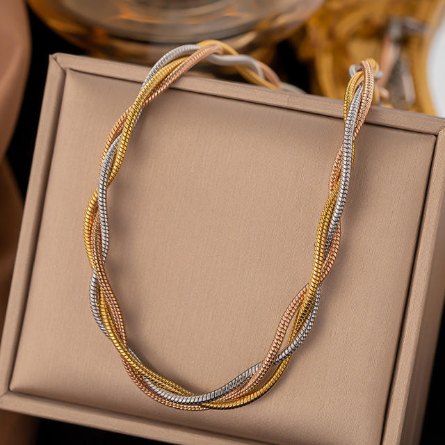 INS personality two tone twisted snake chain stainless steel necklace bracelet