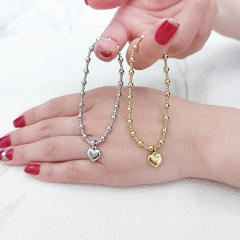 18K gold plated heart charm stainless steel bead bracelet elastic bracelet
