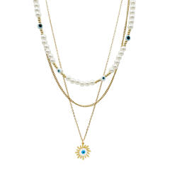 Vintage pearl bead evil eye pendant stainless steel layer necklace