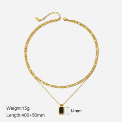 Concise black block pendant two layer stainless steel necklace