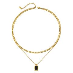Concise black block pendant two layer stainless steel necklace