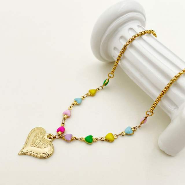 Chunky color enamel heart big pendant stainless steel necklace