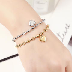 18K gold plated heart charm stainless steel bead bracelet elastic bracelet