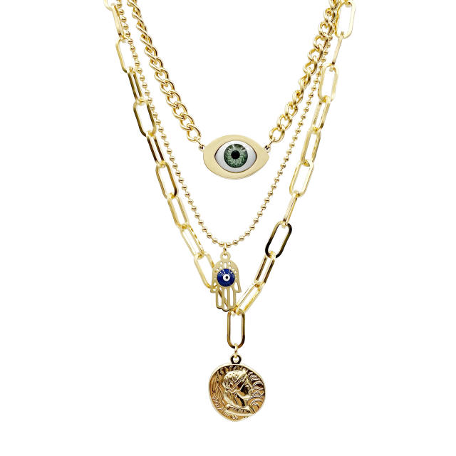 Vintage hasma hand evil eye stainless steel chain necklace layer necklace