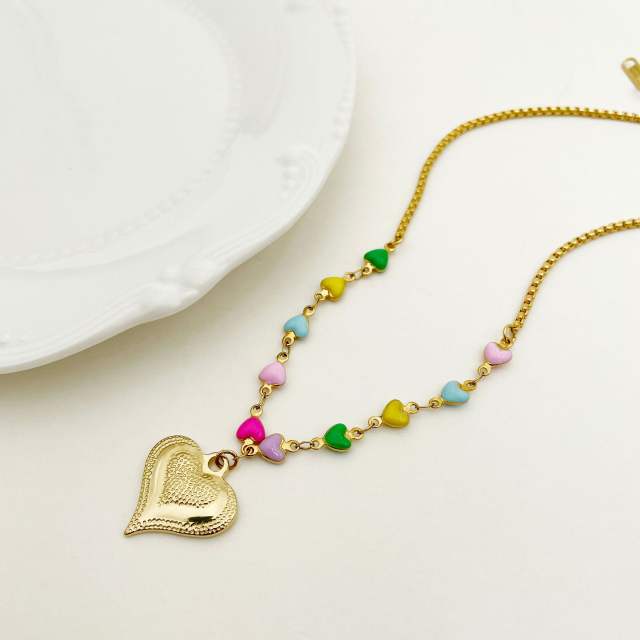 Chunky color enamel heart big pendant stainless steel necklace