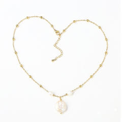18K chic baroque pearl pendant stainless steel necklace