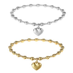 18K gold plated heart charm stainless steel bead bracelet elastic bracelet
