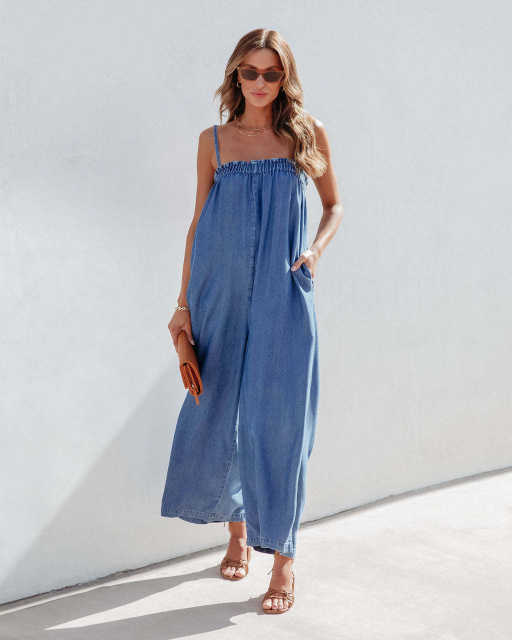 Summer wide leg casual denim jumpsuit