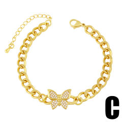 Hiphop gold color plated diamond butterfly cuban link chain bracelet