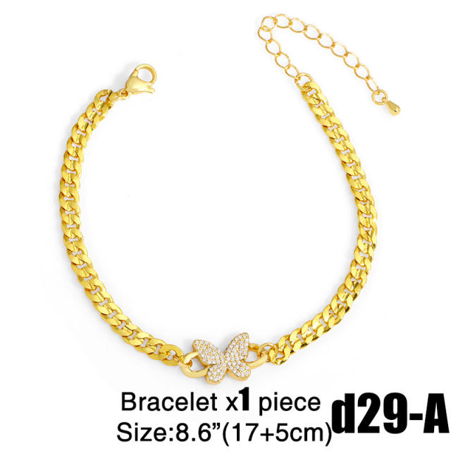 Hiphop diamond butterfly cuban link chainc opper necklace set