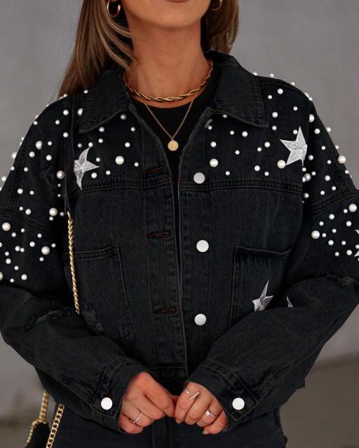 Amazon hot sale star handmade pearl denim short jacket