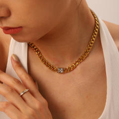 18K emerald ruby cubic zircon cuban link chain stainless steel necklace