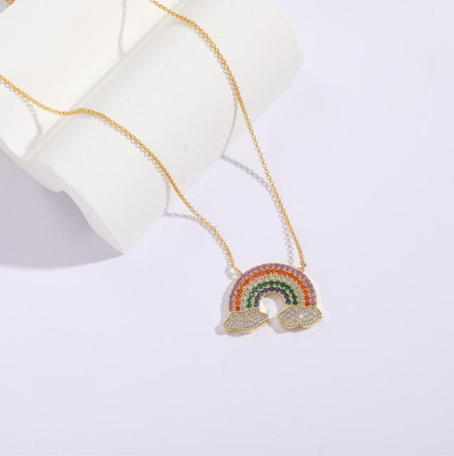 14K real gold plated rainbow cz pave setting dainty rainbow necklace