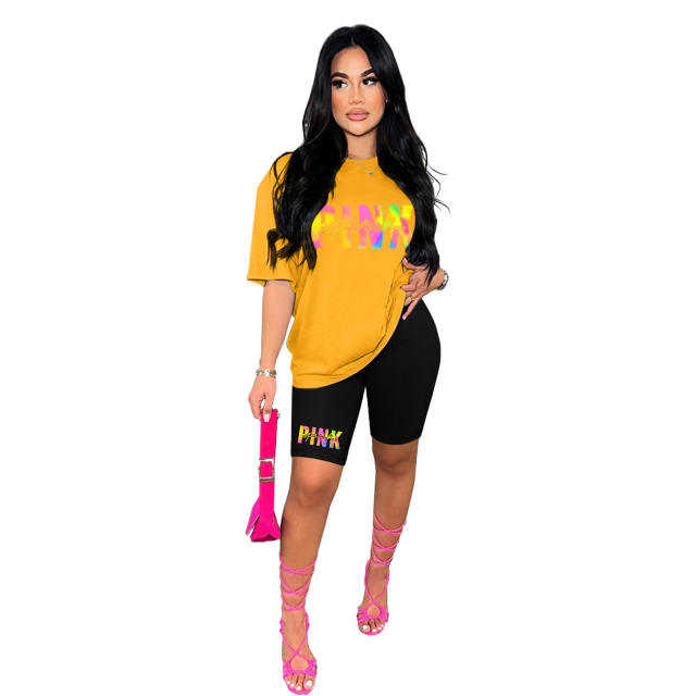 Color matching pink letter popular tight shorts tops set