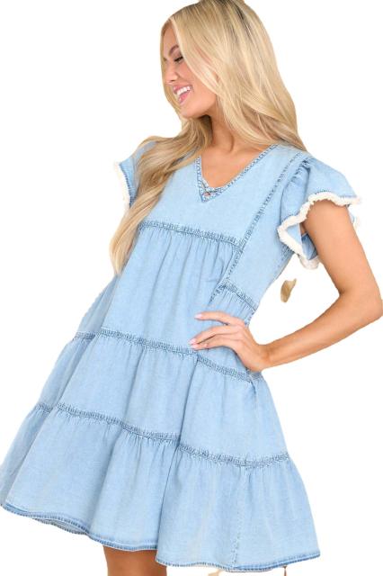 Summer sweet light blue denim babydoll dress