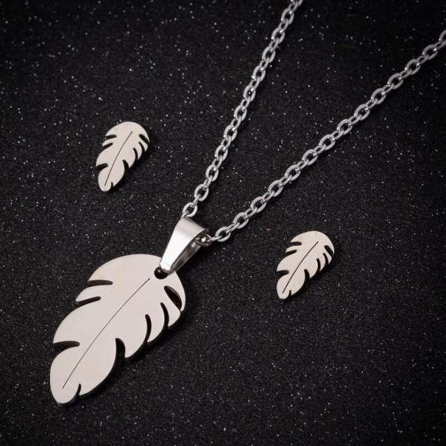 Boho leaf feather pendant dainty stainless steel necklace set