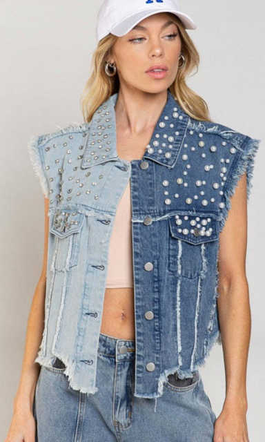 Vintage color matching denim pearl bead jacket