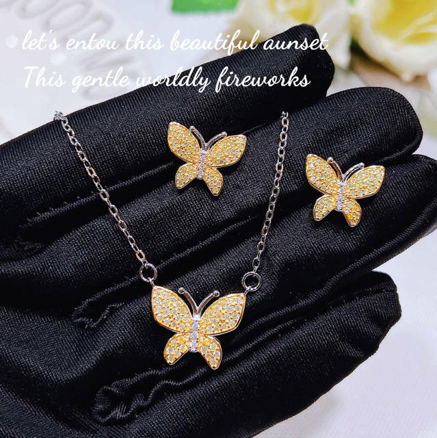 Delicate pave setting topaz cubic zircon butterfly copper necklace set