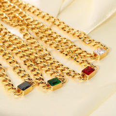 18K emerald ruby cubic zircon cuban link chain stainless steel necklace