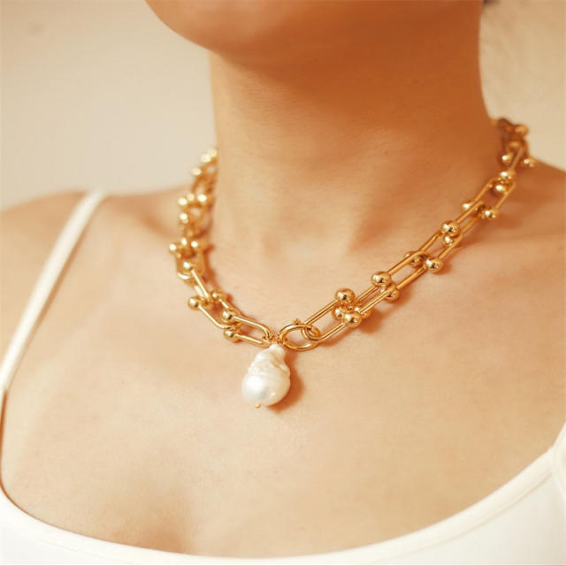 Chunky baroque pearl pendant copper chain necklace