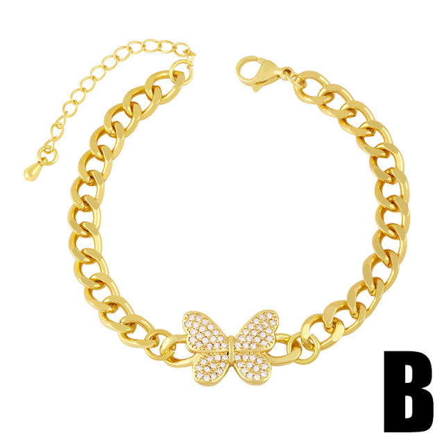 Hiphop gold color plated diamond butterfly cuban link chain bracelet