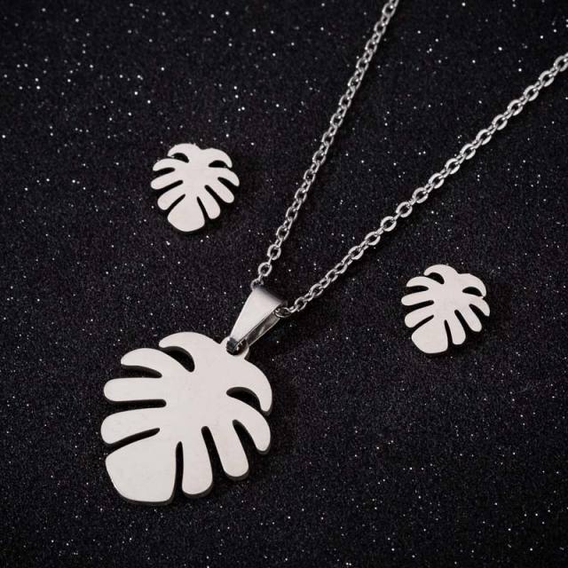 Vintage palm leaf stainless steel necklace set