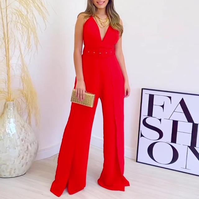 Elegant V neck summer plain color wide leg jumpsuit