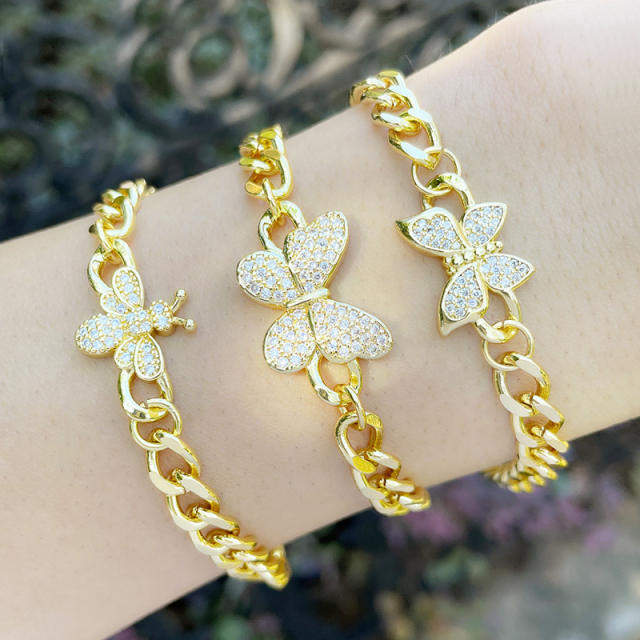 Hiphop gold color plated diamond butterfly cuban link chain bracelet