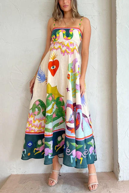 Summer color pattern slip maxi dress holiday dress