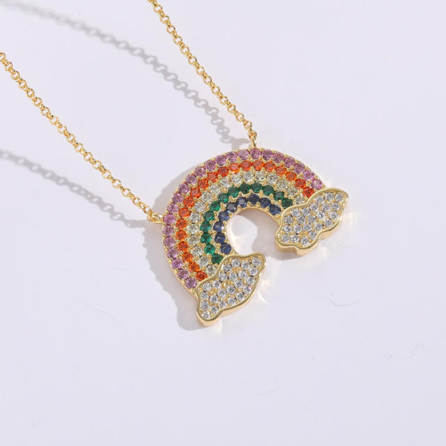 14K real gold plated rainbow cz pave setting dainty rainbow necklace