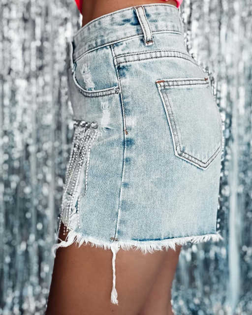 Popular denim rhinestone ripped jeans short