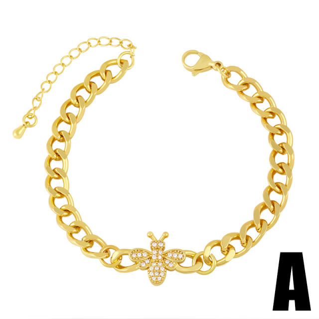 Hiphop gold color plated diamond butterfly cuban link chain bracelet