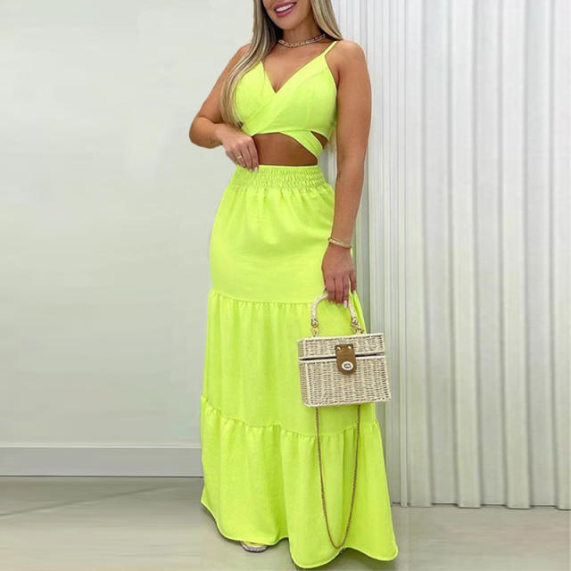 Summer plain color sexy camisole maxi skirt set