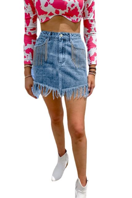 Summer rhinestone tassel denim mini skirt