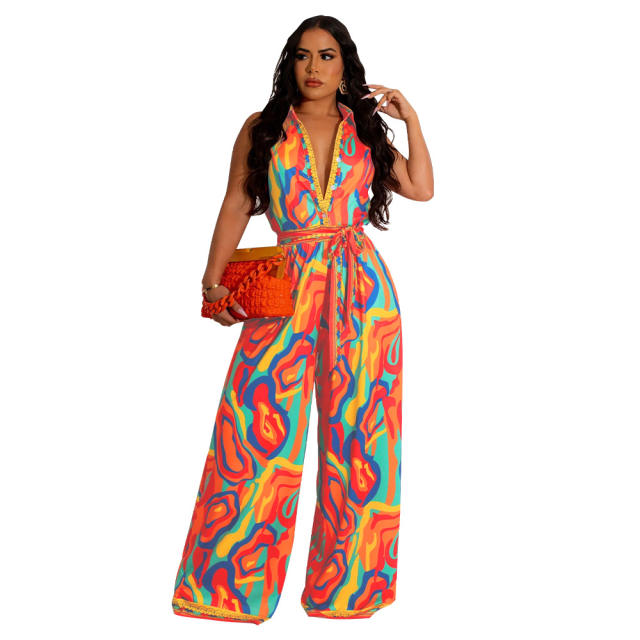 Summer patterned v neck sleeveless women jumpsuit