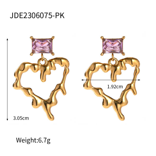 18KG lava shape heart cubic zircon stainless steel earrings