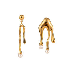 18K lava shape pearl bead stainless steel asymmetrical earrings