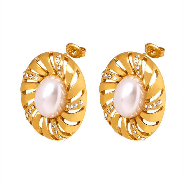 INS vintage pearl oval shape stainless steel studs earrings